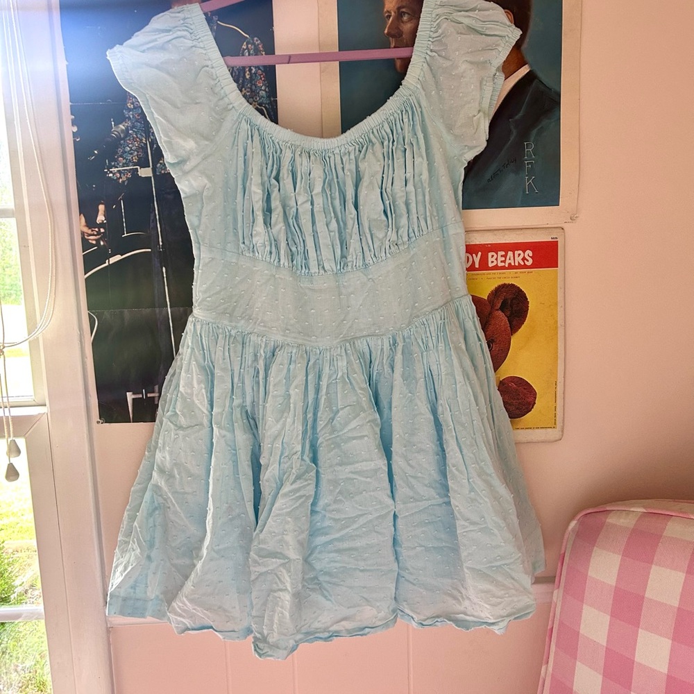 Blue and Green Ruched Flutter Sleeve Mini Dress